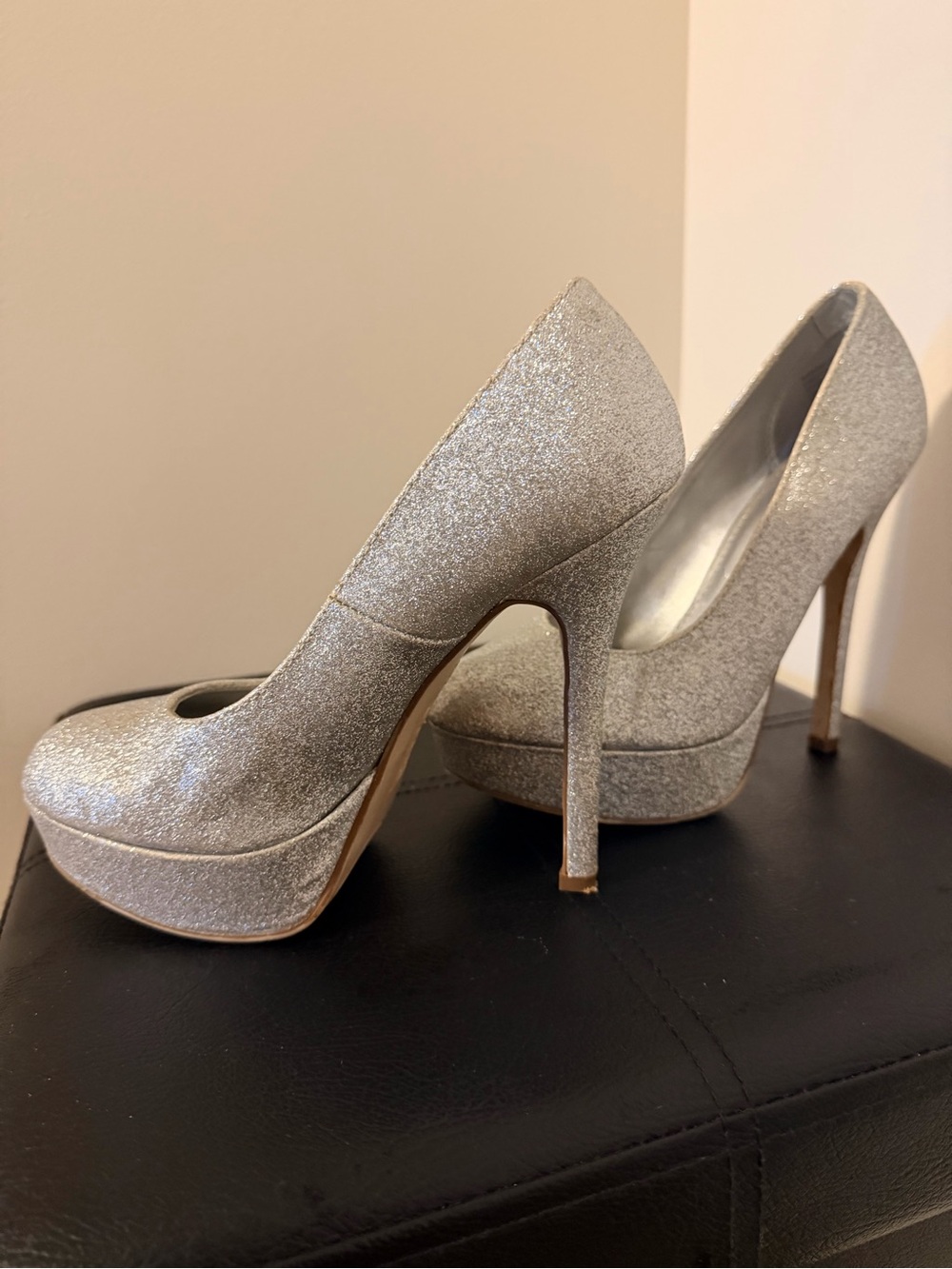 Silver Glitter Platform High Heel Pumps - Women